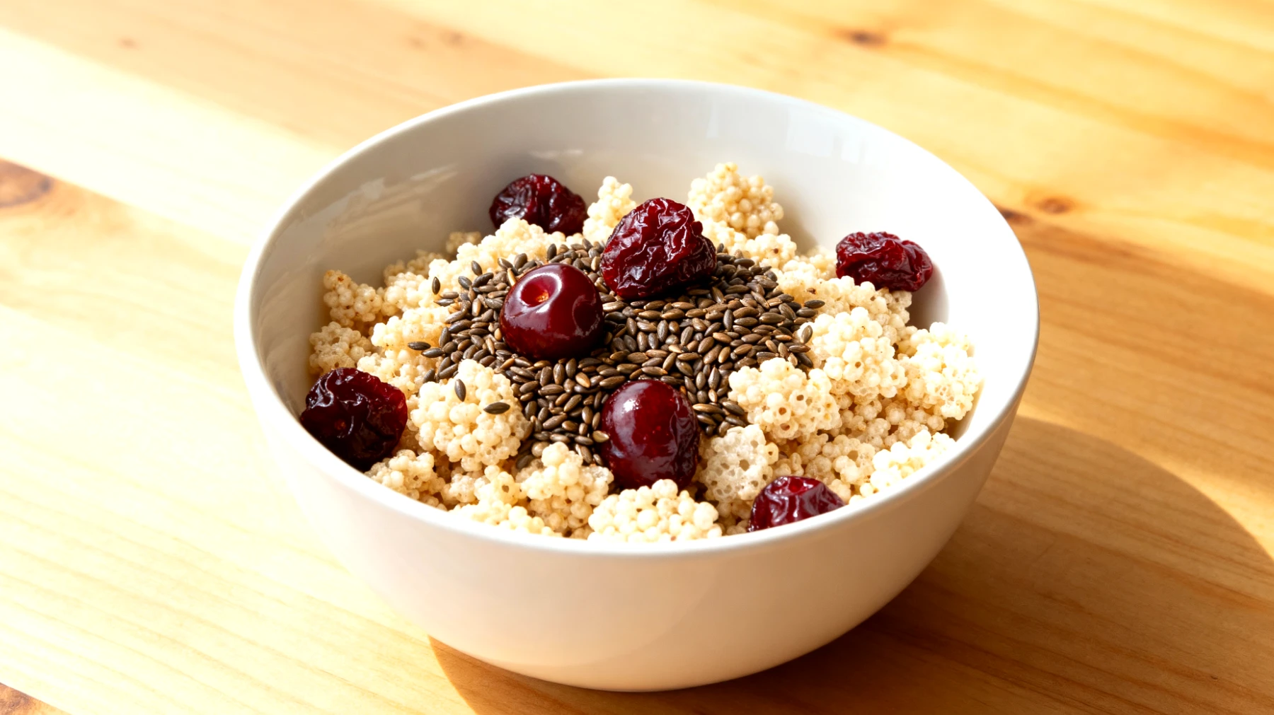 Amaranth-Puffs mit Hanfsamen und getrockneten Sauerkirschen"