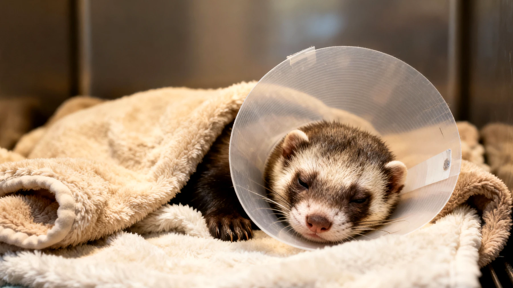 Frettchen benötigen nach der Kastration spezielle Pflegeprodukte und Zubehör zur Wundheilung und Vermeidung von Komplikationen, insbesondere einen geeigneten Halskragen, weiche Liegeflächen und Produkte zur Hygiene des Operationsbereichs"