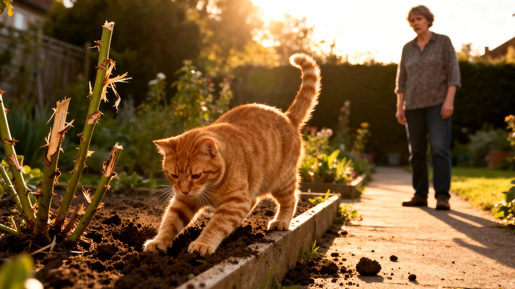 Katze zeigt destruktives Verhalten im Garten durch übermäßiges Graben, Kratzen an Pflanzen und Markieren, was zu Schäden an der Gartenanlage führt und das Training erschwert"