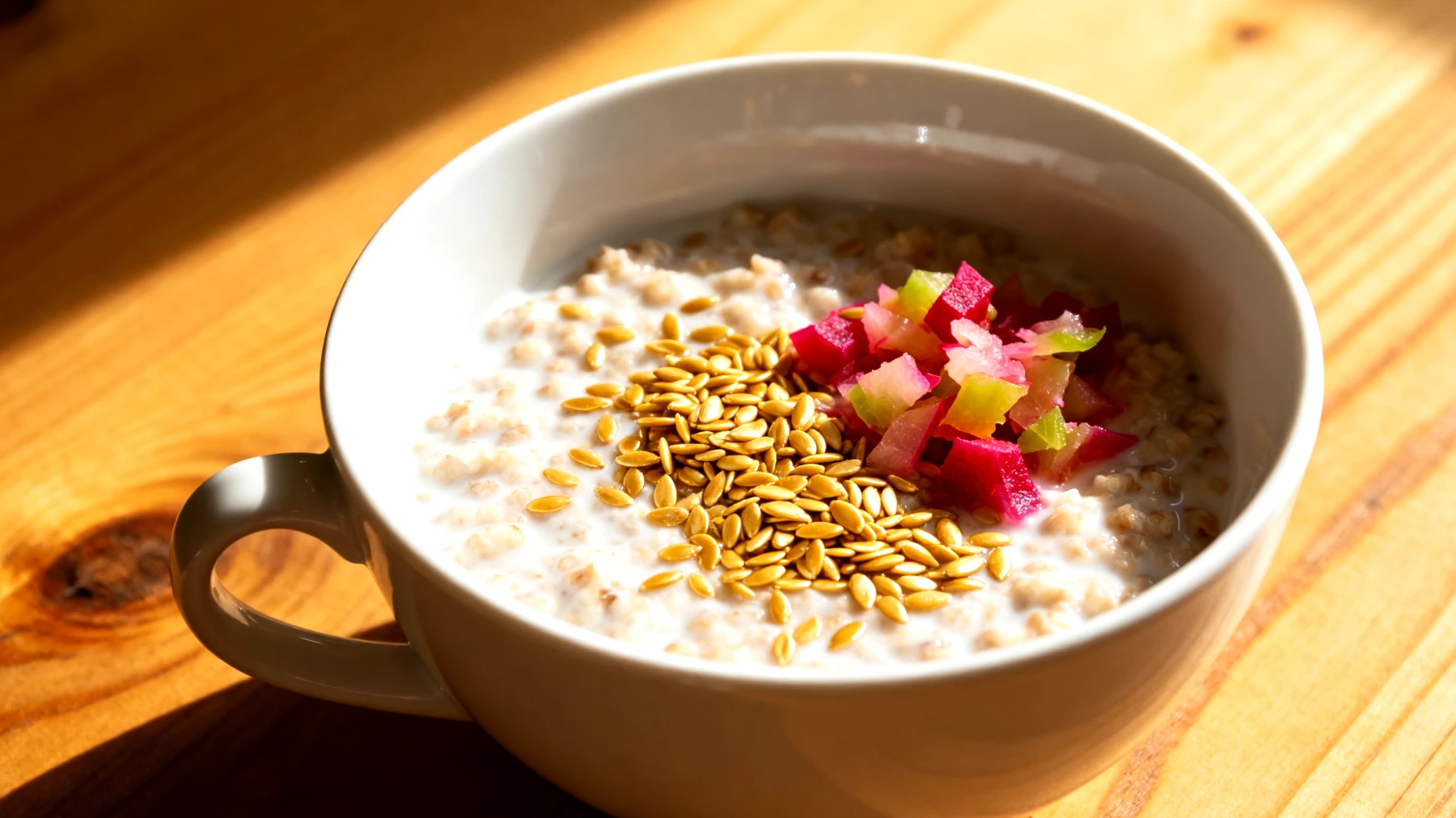 Kefir-Buchweizen-Overnight-Porridge mit Leinsamen und fermentierten Gemüsestückchen"