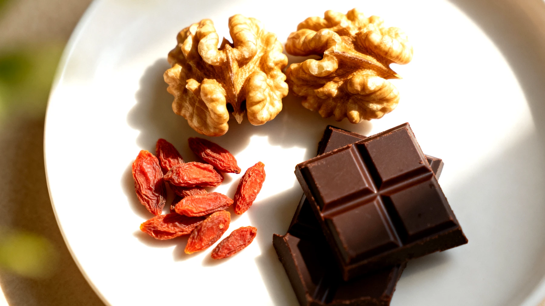 Walnüsse mit getrockneten Gojibeeren und dunkler Schokolade (85% Kakao)"